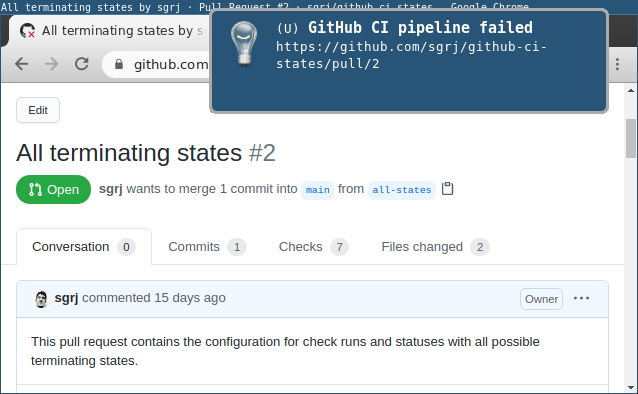 A system notification showing that the GitHub pipeline failed